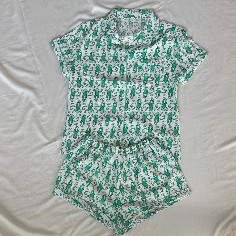 SHEIN White and Green Monkey Patterned Pajama Set
